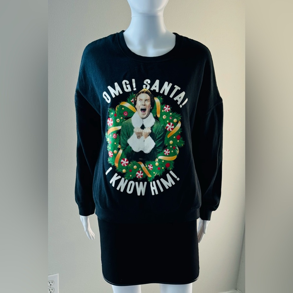 Elf Oh My God Santa I Know Him Size-L. Black Crew Neck Pullover Sweatshirt